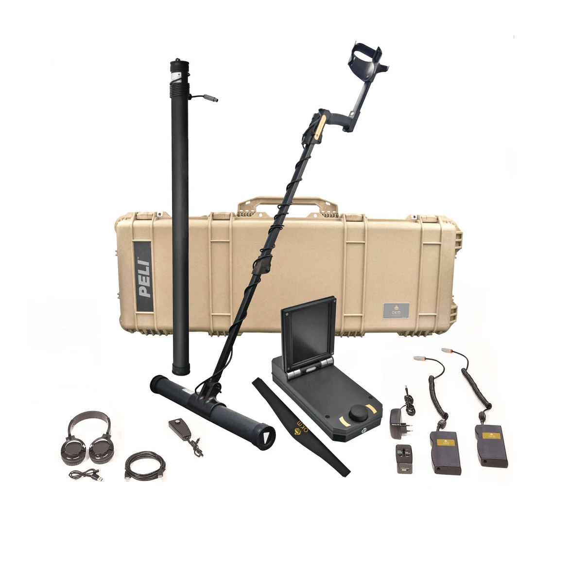 A briefcase containing the OKM eXp 4500 Professional metal detector, on a white background