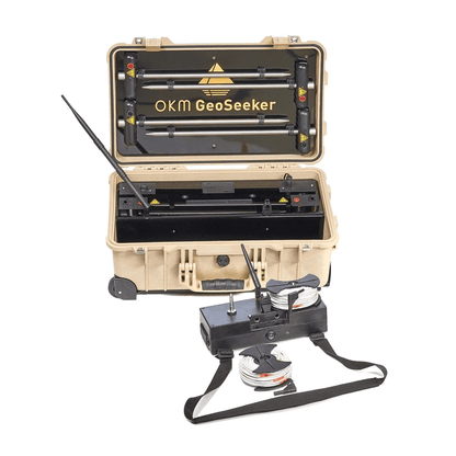 A briefcase containing the main parts of the OKM GeoSeeker metal detector, on a white background