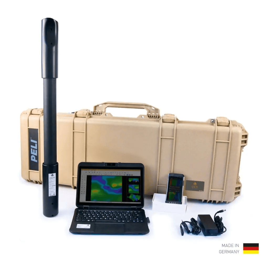 A briefcase containing the OKM eXp Fusion Light metal detector, on a white background