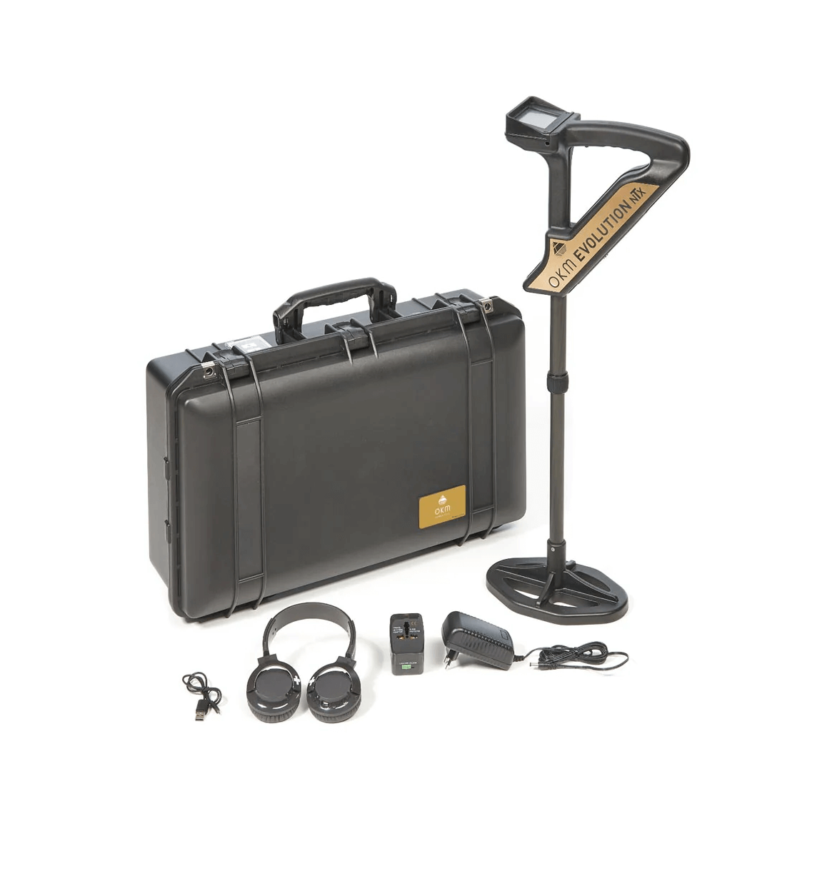 A briefcase containing the OKM Evolution NTX metal detector, on a white background